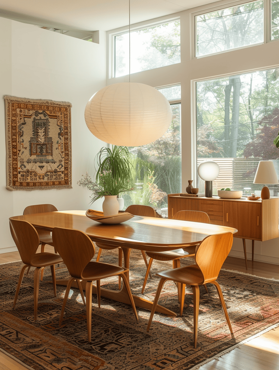 70s dining room elegance through pendant lights