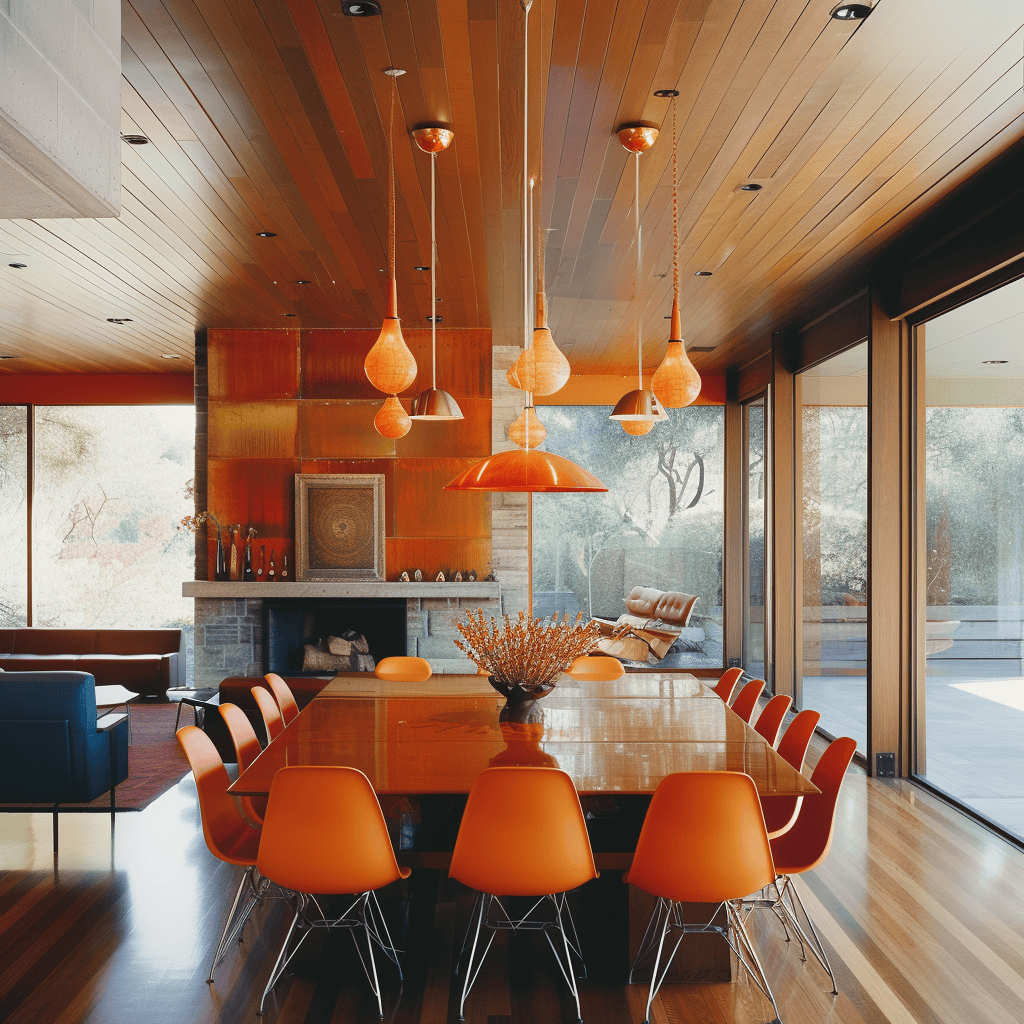 70s dining room idea highlighted by geometric pattern curtains