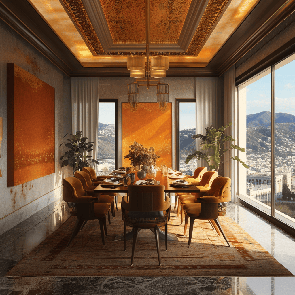 70s dining room reflection with dark wood paneling