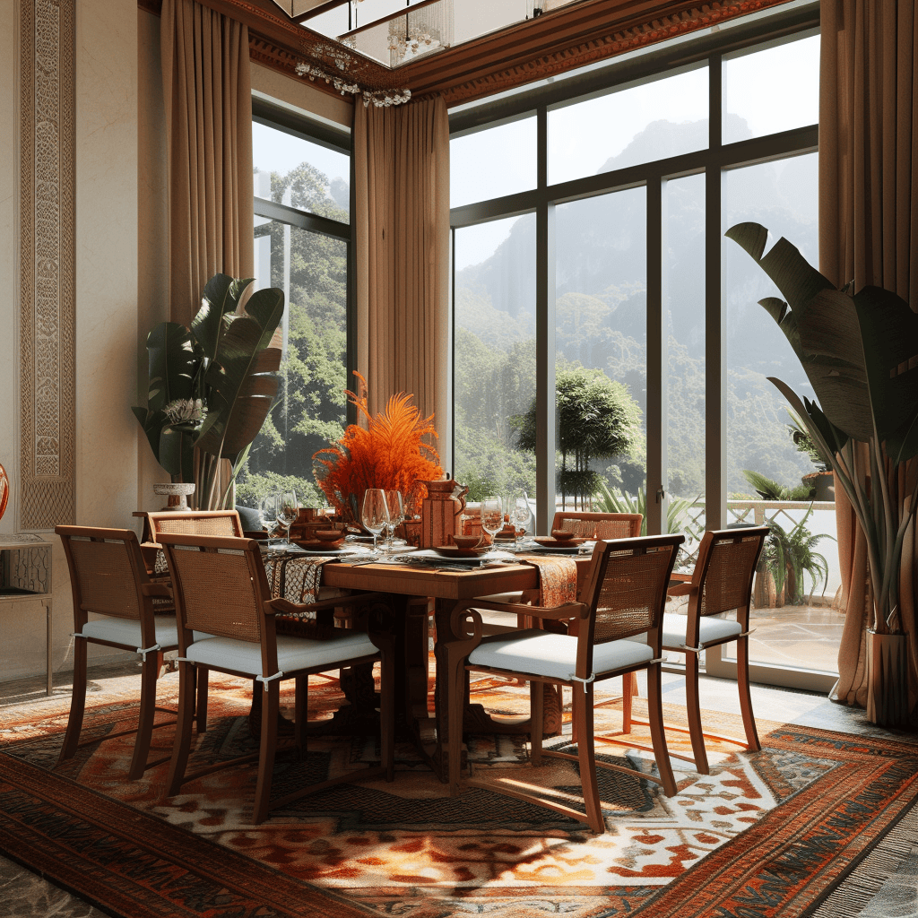 70s dining room splendor featuring brick wall accents