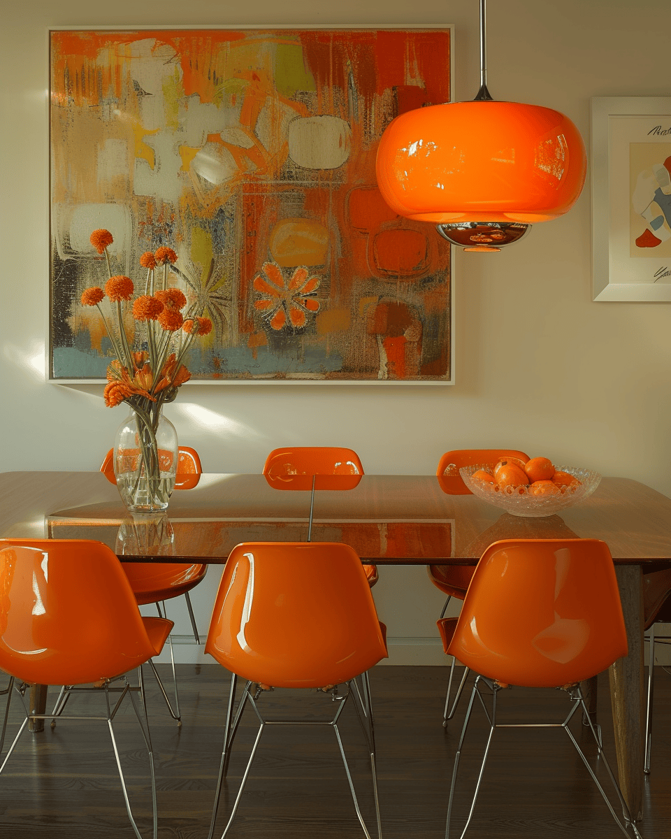 70s dining room trend with a lava lamp on a sideboard