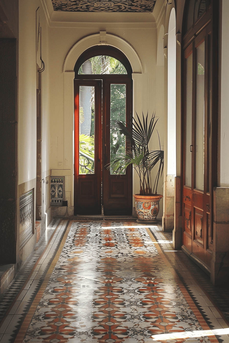 70s hallway design inspirations with geometric patterns and earthy tones