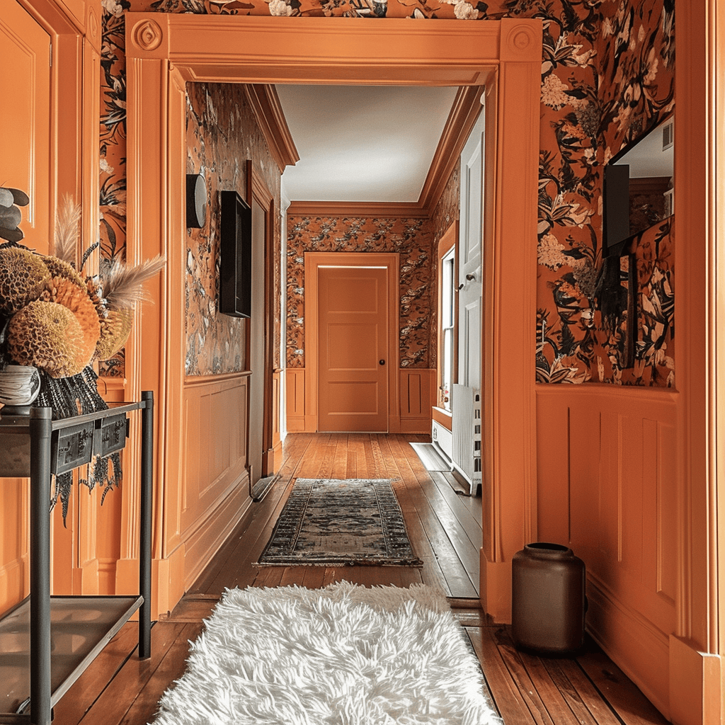 70s hallway with orange painted woodwork  patterned wallpaper runner  shag rug