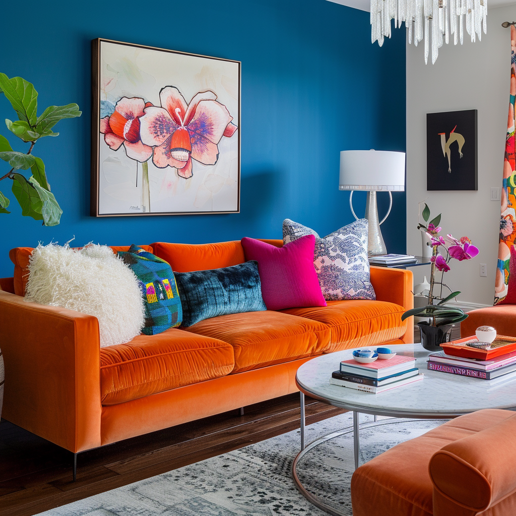 70s living room  orange sofa  blue accent wall  fuchsia throw pillows