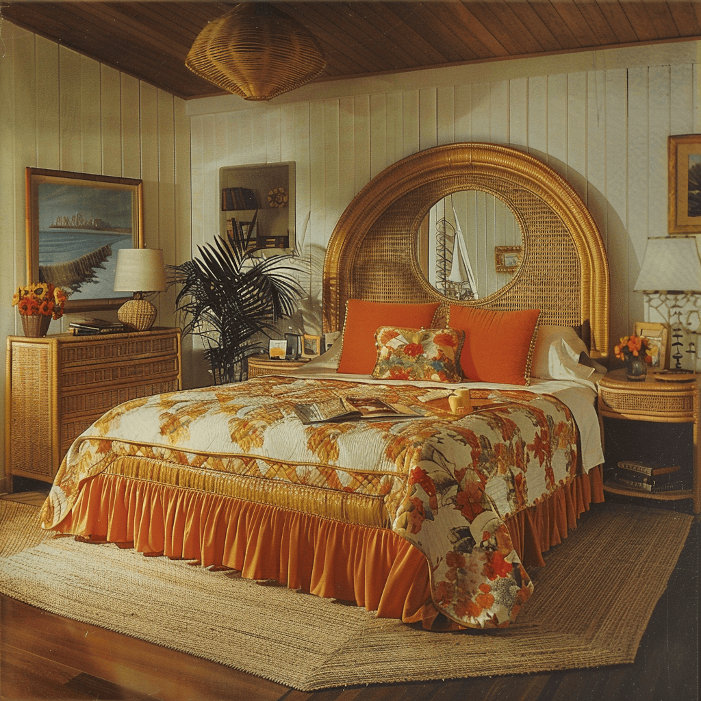 Vintage 1970s bedroom featuring a large, plush bean bag chair in a vibrant shade of yellow for a pop of color