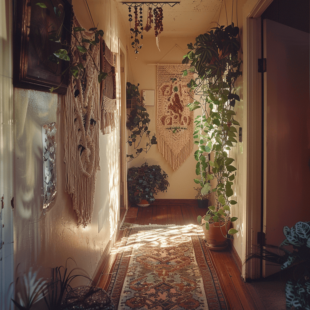 A 1970s hallway adorned with macramé hanging planters and intricate wall art, adding a bohemian touch to the space, 35mm film photography2