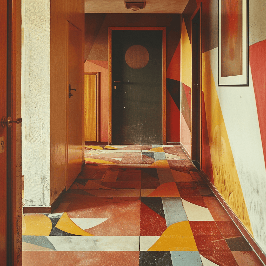 A 1970s hallway featuring a bold geometric linoleum floor in a mix of earth tones and primary colors, 35mm film photography2