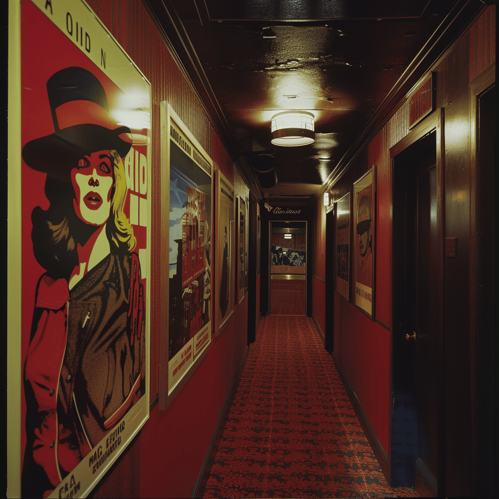 A 1970s hallway featuring a collection of pop art posters with iconic figures and irreverent slogans, adding a touch of humor and personality, 35mm film photography1