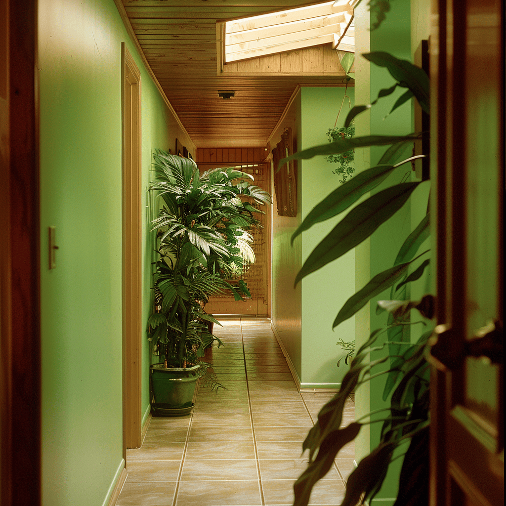 A 1970s hallway featuring avocado green walls, accented by warm wood tones and lush plants, 35mm film photography4