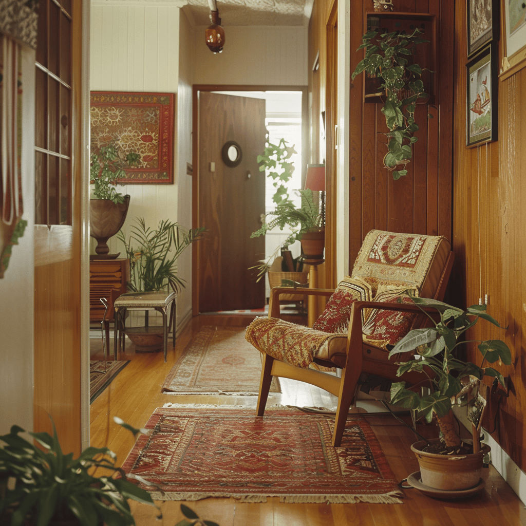 A 1970s hallway showcasing an eclectic mix of mid-century modern furniture and bohemian accessories, 35mm film photography1