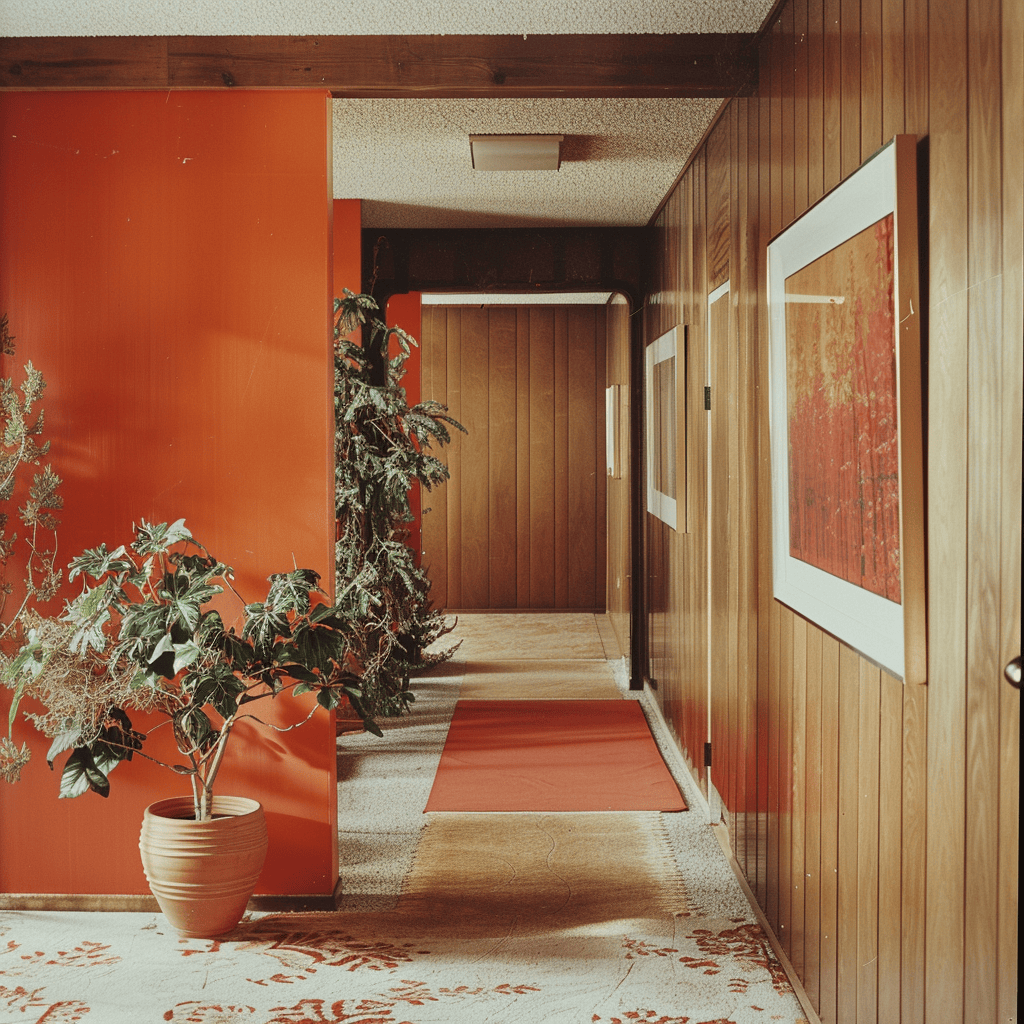 A 1970s hallway with a bold burnt orange feature wall, paired with earthy browns and greens, 35mm film photography2