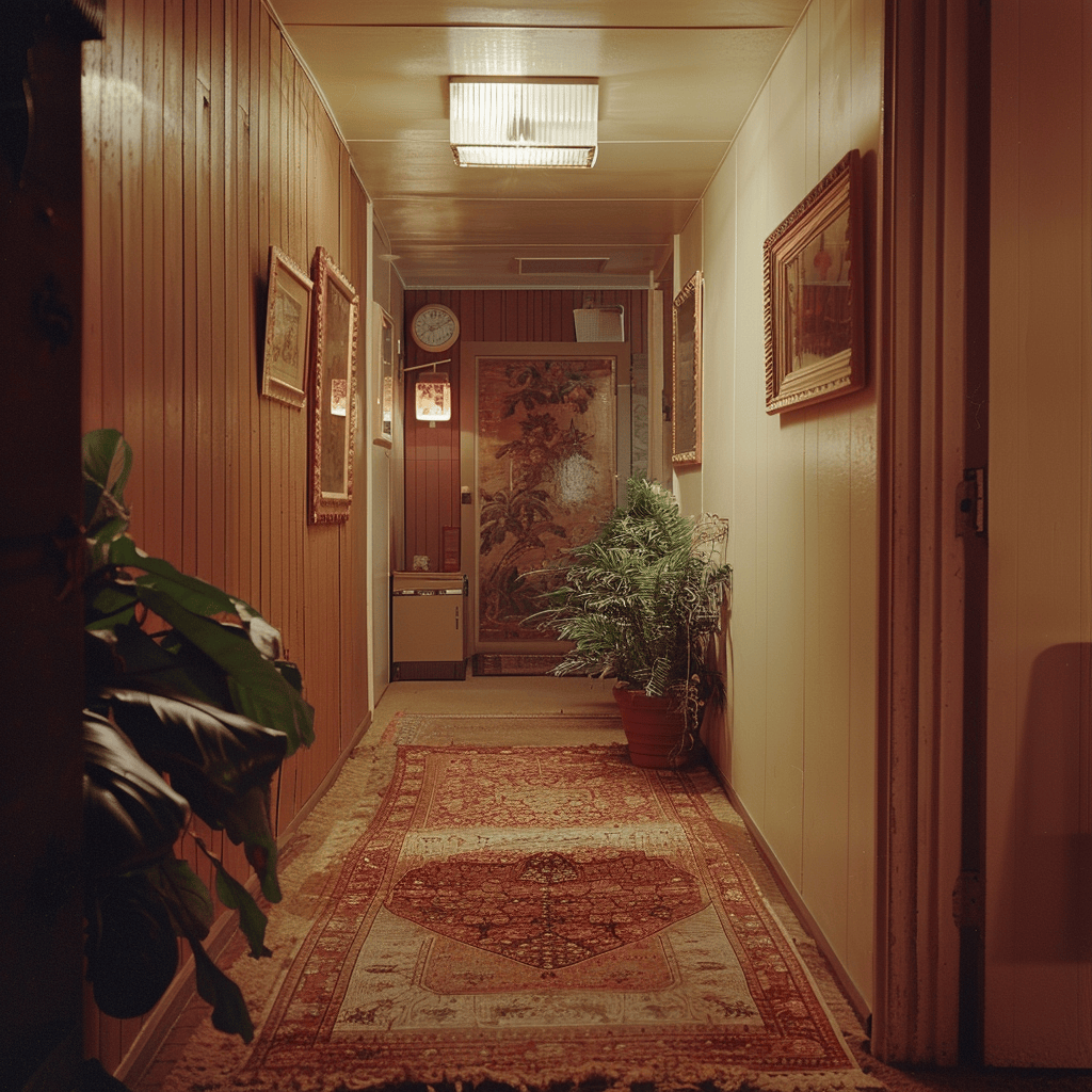 A 1970s hallway with a cozy, welcoming entrance, featuring a plush area rug, warm lighting, and inviting colors, 35mm film photography2