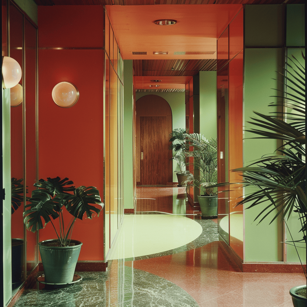 A 1970s hallway with a daring color scheme, like avocado green and burnt orange, breaking free from traditional design, 35mm film photography1
