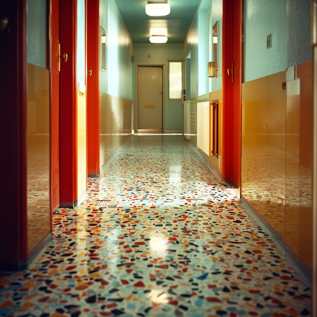 A 1970s hallway with a stylish terrazzo floor, featuring a colorful confetti-like pattern, 35mm film photography4