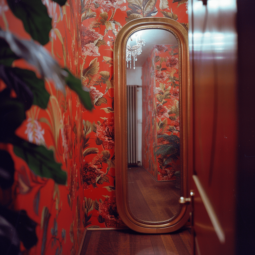 A 1970s hallway with an oversized, ornate mirror reflecting the bold colors and patterns of the era, 35mm film photography1