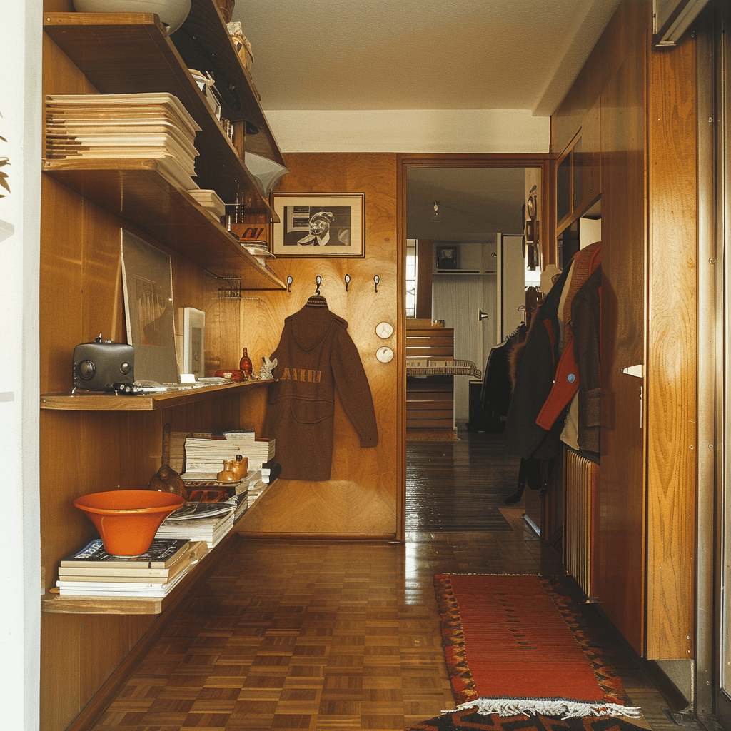 A 1970s hallway with clever built-in storage solutions, such as shelves and wall-mounted hooks, keeping the space organized and clutter-free, 35mm film photography4