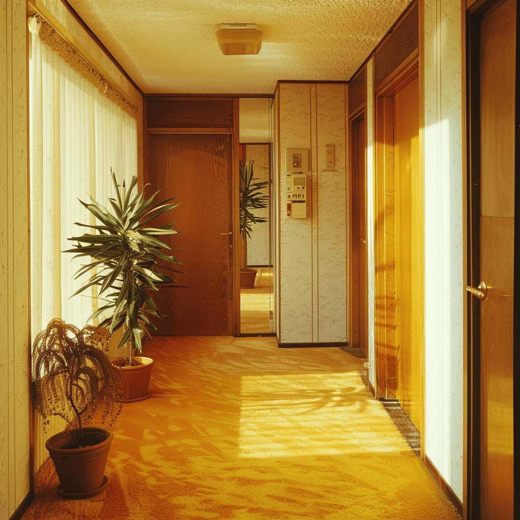 A 1970s hallway with harvest gold carpeting and sunny yellow accents, creating a warm and inviting atmosphere, 35mm film photography1