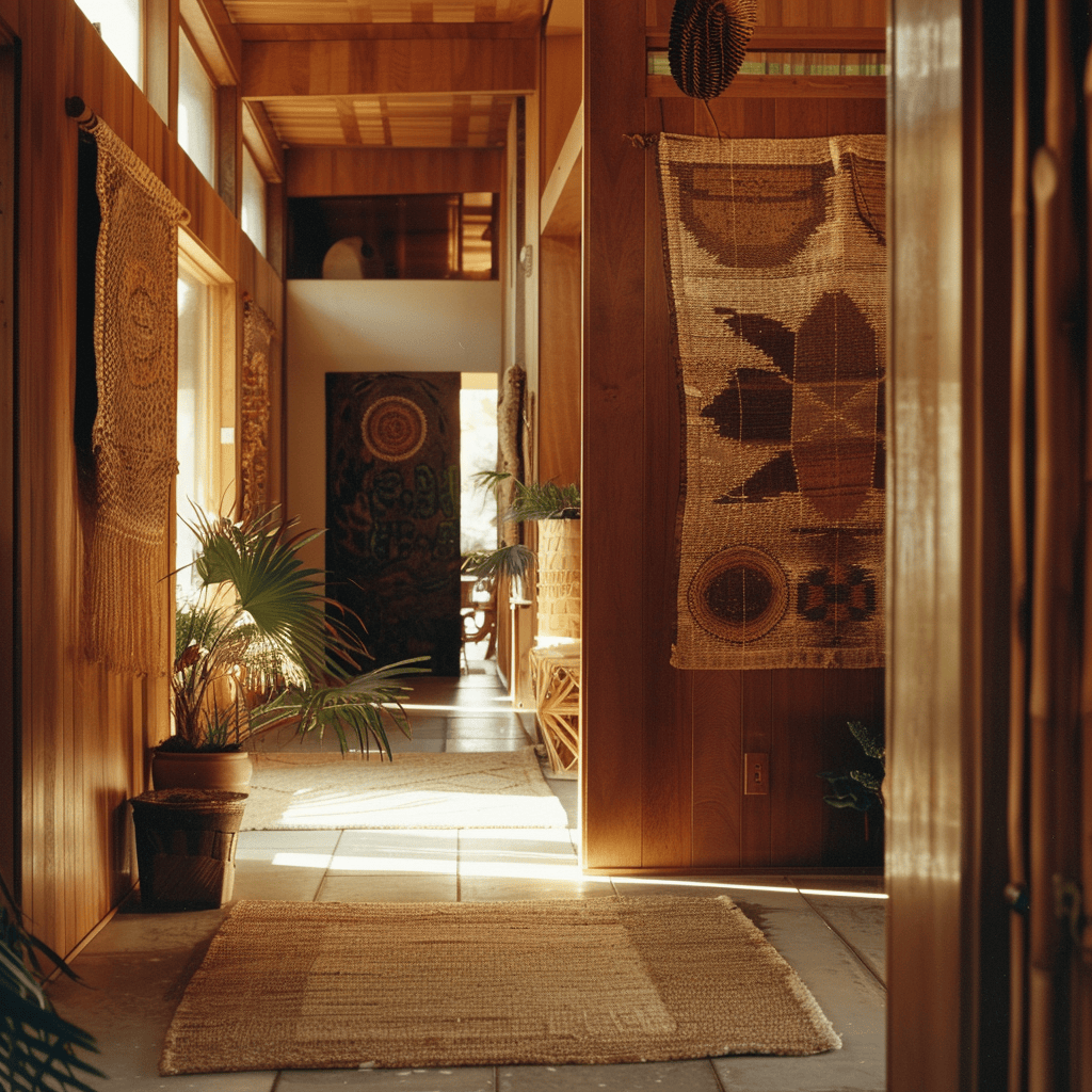 A 1970s hallway with rich, earthy brown tones, accented by woven wall hangings and natural wood elements, 35mm film photography4