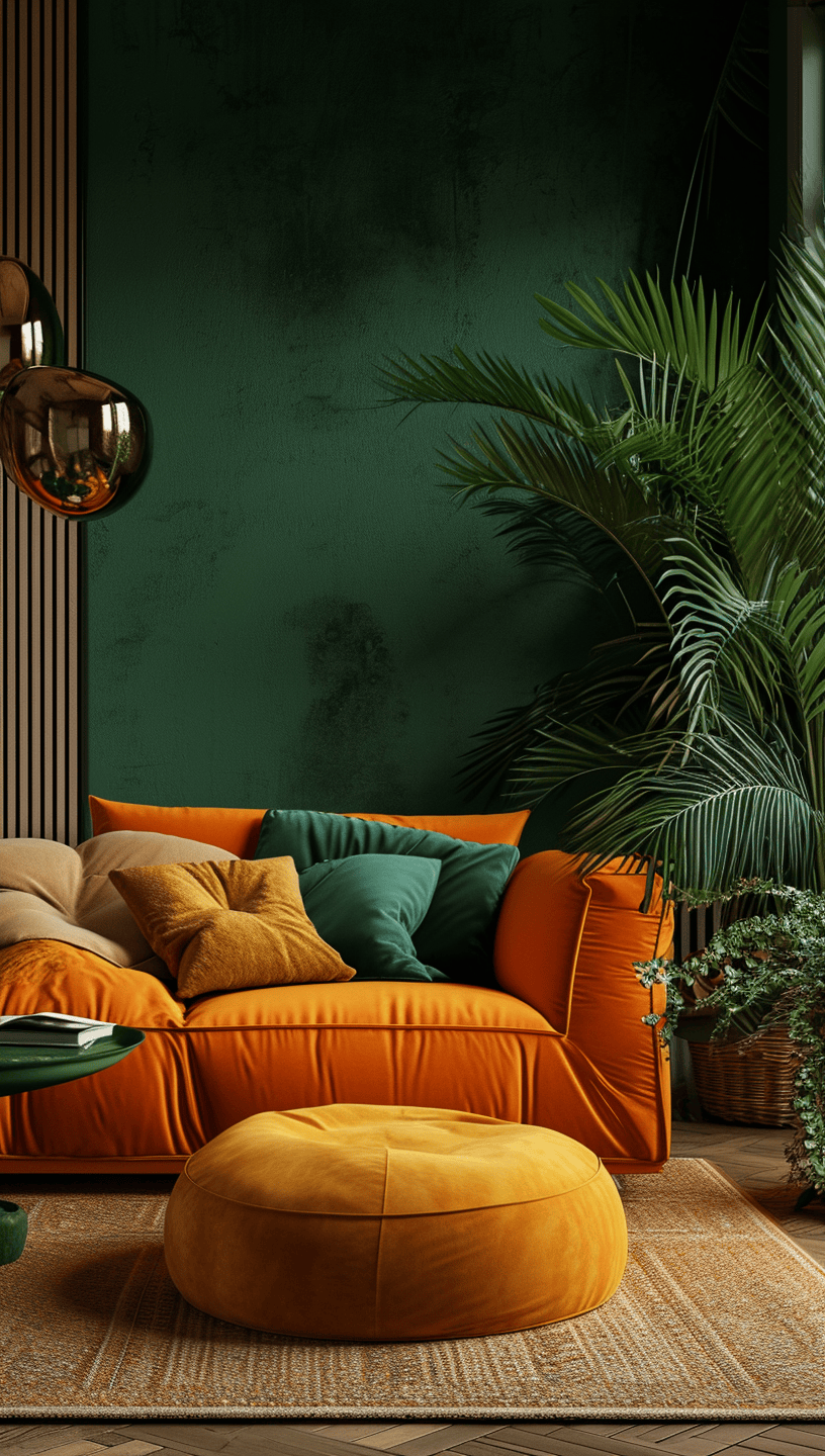 A 70s-style living room with a rich color palette and retro wallpaper patterns
