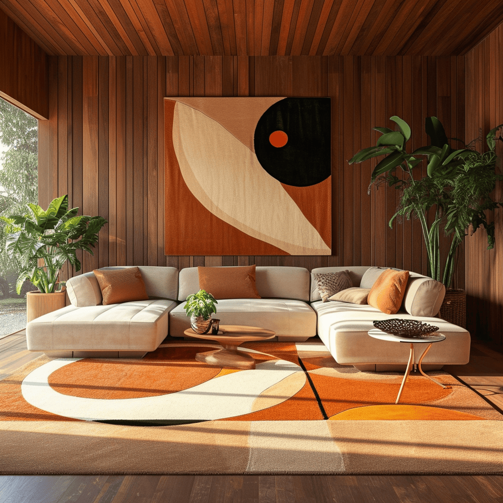 A 70s living room design with attention to vintage details and a cozy fireplace