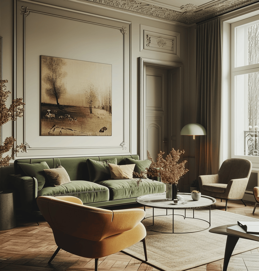 A 70s themed living room decorated with period-appropriate decorations and furniture