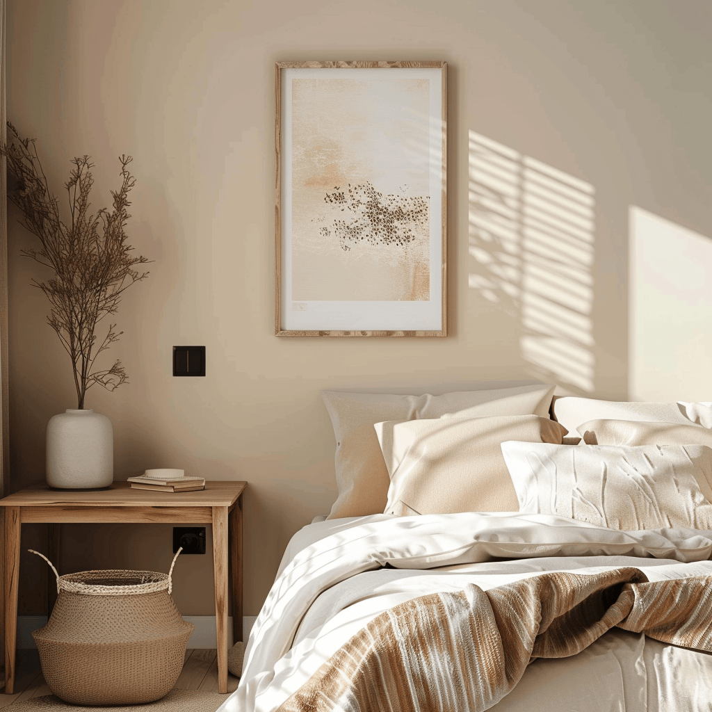 A Japandi bedroom featuring creative DIY projects, such as abstract art canvases, framed printables, and repurposed furniture, achieving a high-end look on a budget