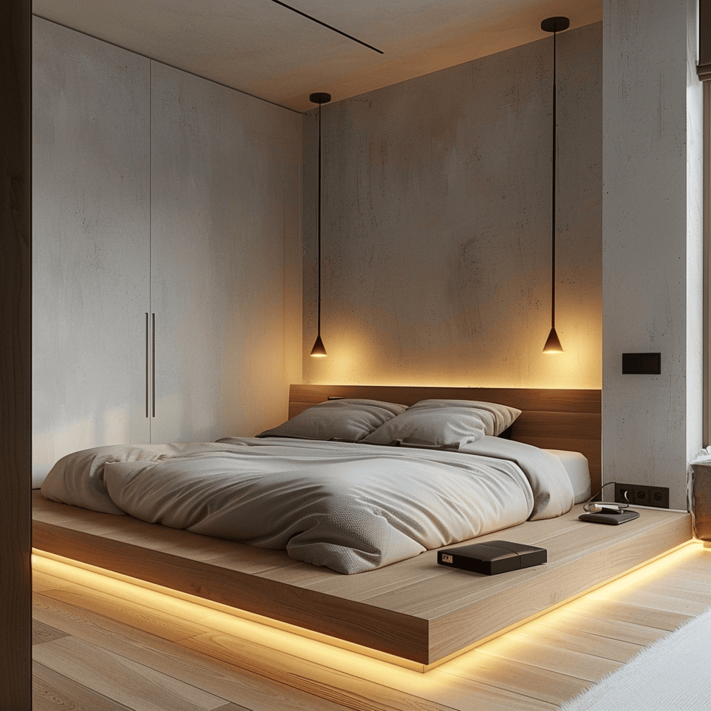 A Japandi bedroom with cleverly concealed wires and cords, using cable management solutions and hidden outlets, preserving the clean and uncluttered look of the space