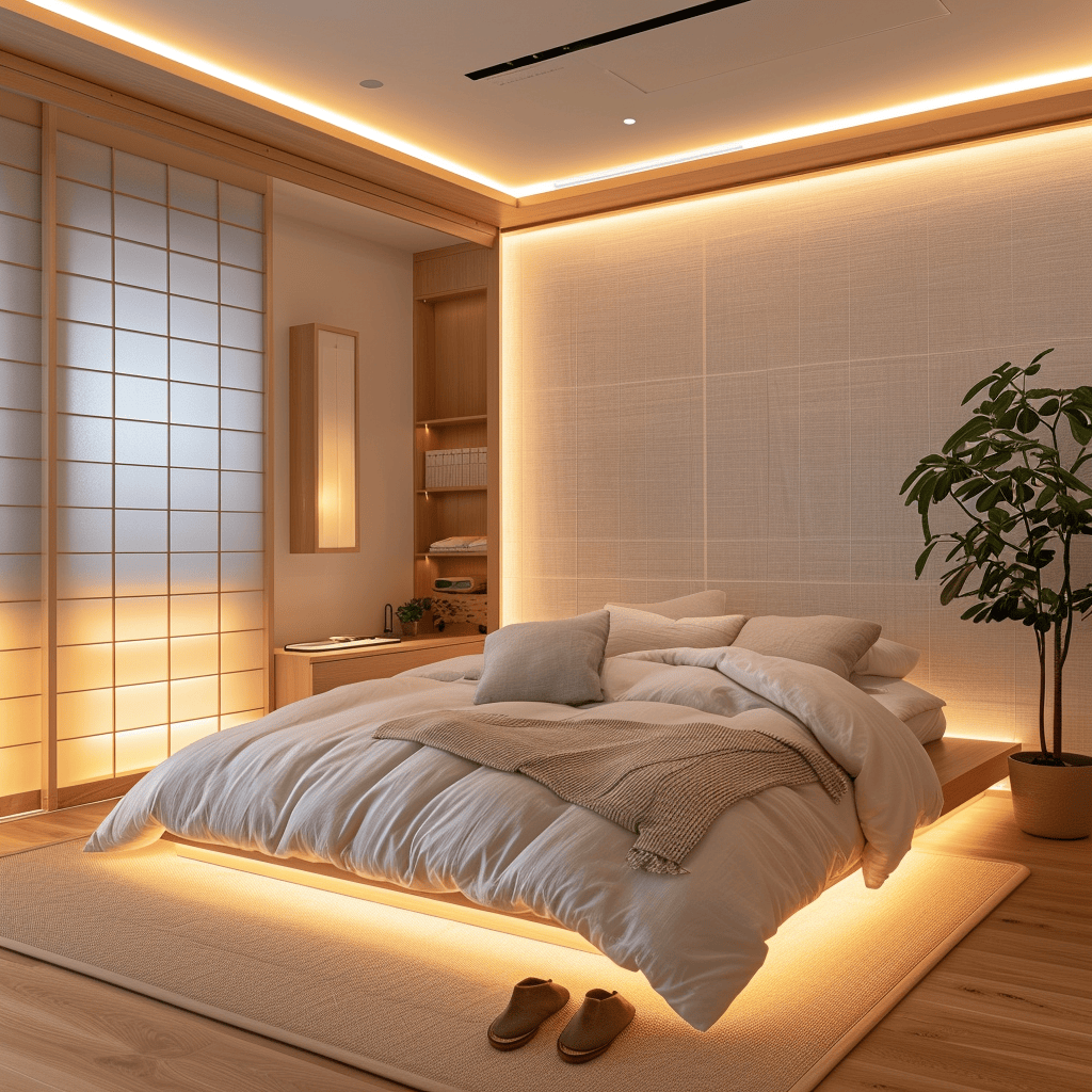A Japandi bedroom with programmable smart lighting, allowing for adjustable brightness and color temperature, creating the perfect ambiance for relaxation or productivity