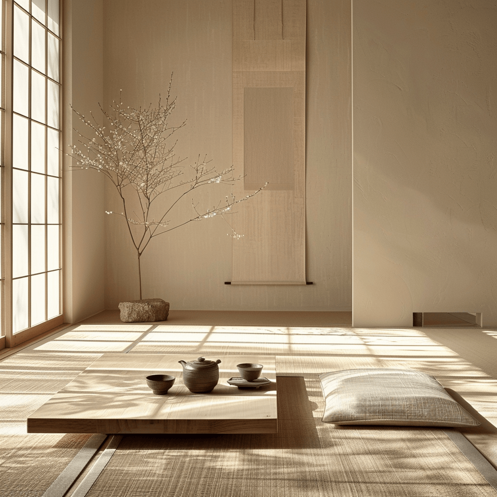 A Japanese minimalist tea room with tatami mats, shoji screens, and a simple ikebana arrangement, showcasing the beauty of natural materials and a connection to nature3