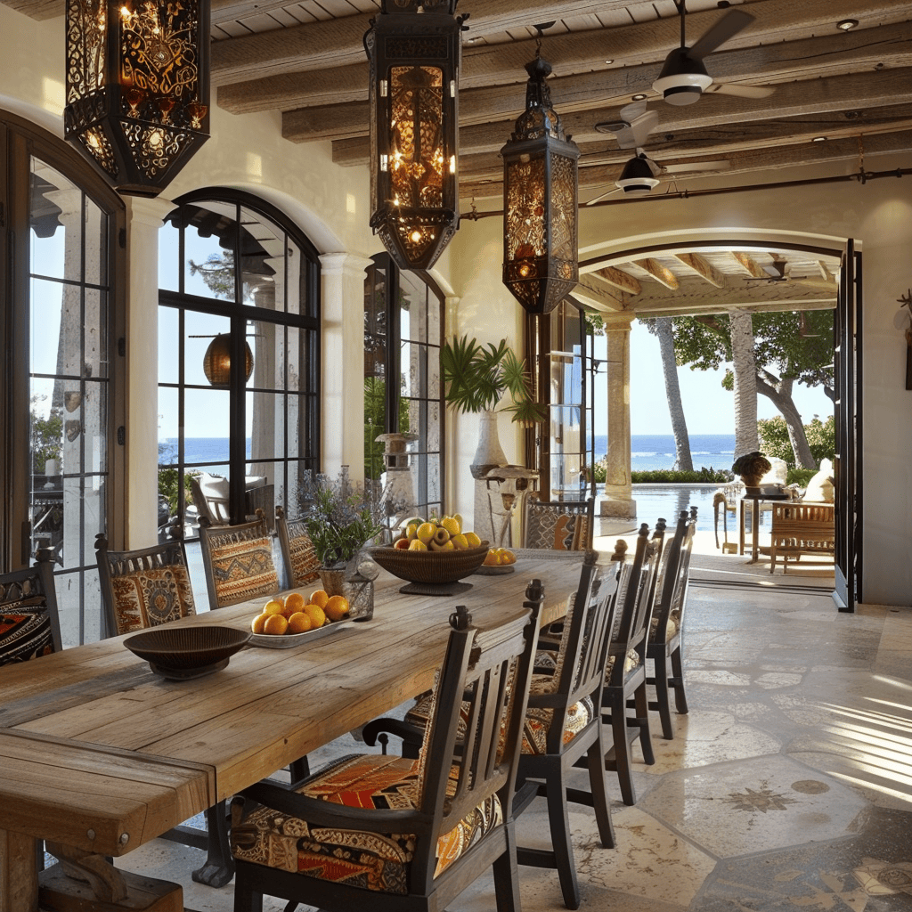 A Mediterranean dining room featuring a mix of seating options, including woven rattan chairs, upholstered armchairs, and a rustic wooden bench, creating a unique and inviting ensemble