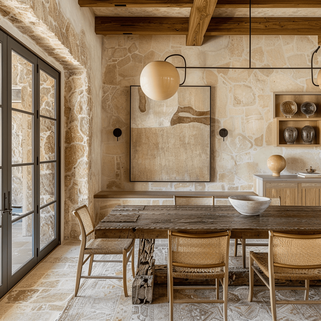 A Mediterranean dining room showcasing a rich tapestry of textures, including rough plaster walls, smooth marble surfaces, and soft linen fabrics