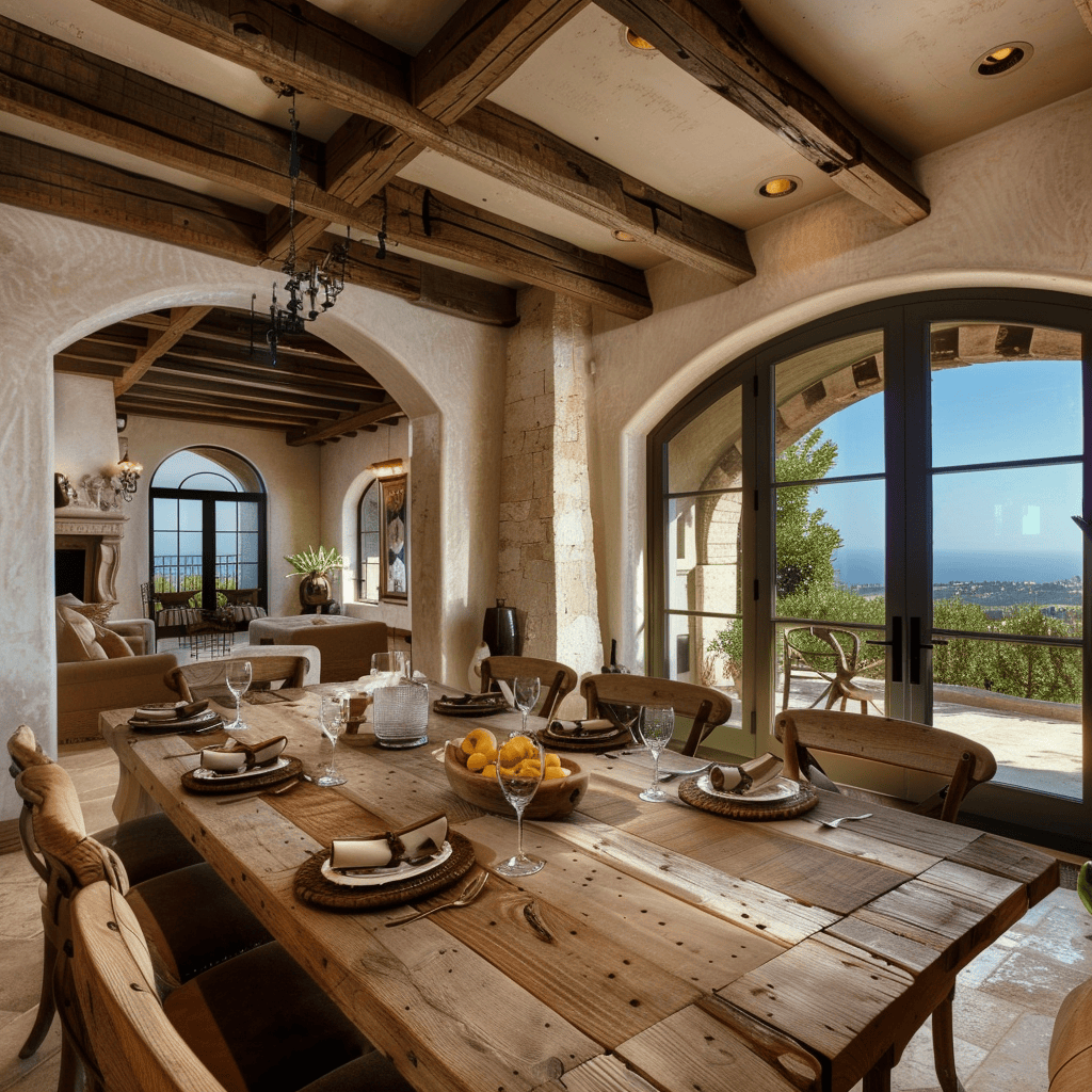 A Mediterranean dining room showcasing the beauty of exposed wooden beams, which add texture, depth, and a touch of rustic elegance to the space