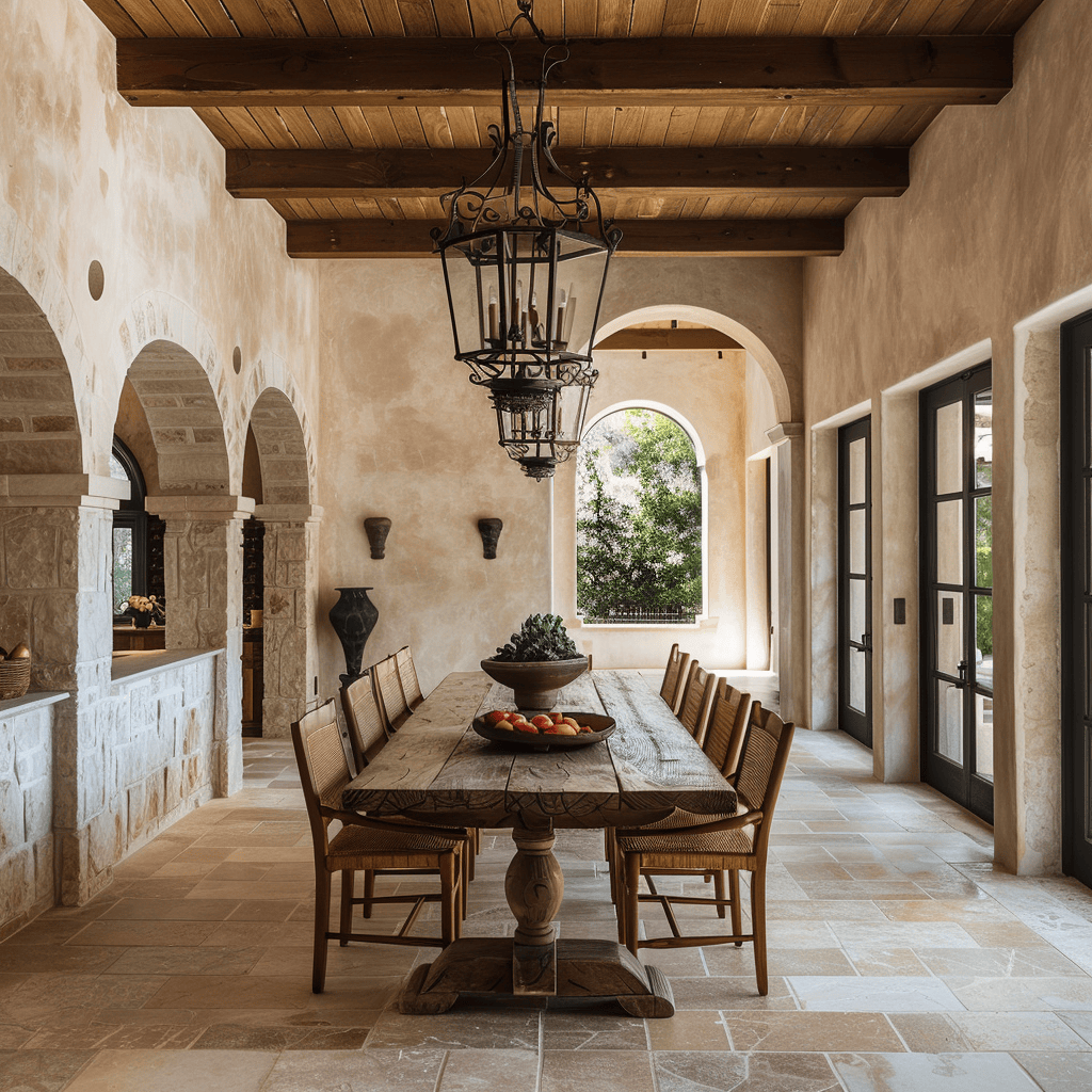 A Mediterranean dining room showcasing the beauty of the region's architecture, with a vaulted ceiling, an arched window, and a wrought iron chandelier