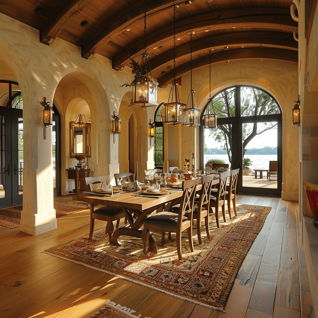 A Mediterranean dining room that accessorizes with intention, featuring a curated collection of objects that reflect the colors, textures, and motifs of the region, such as a hand-woven tapestry