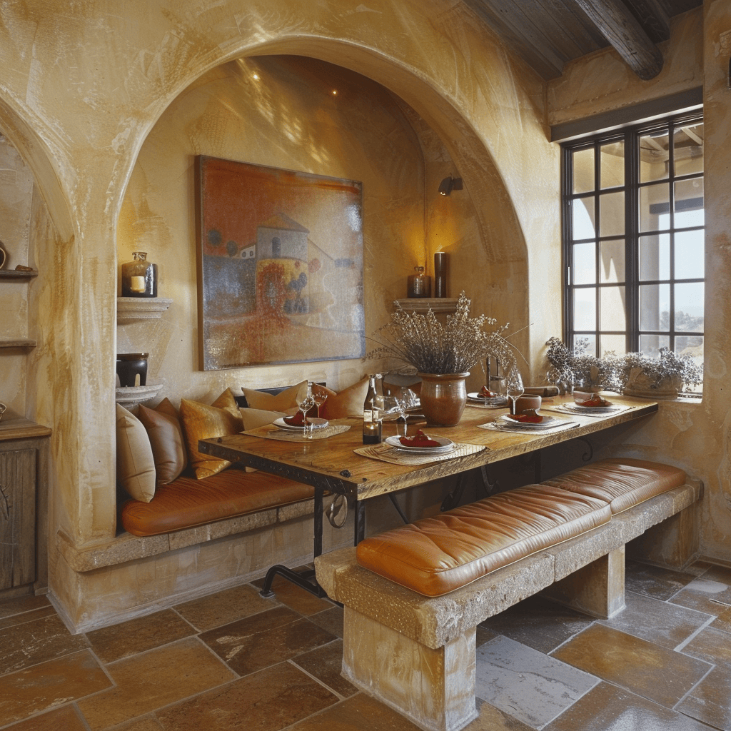 A Mediterranean dining room that encourages lingering conversations with comfortable seating options, such as plush, upholstered armchairs, a soft