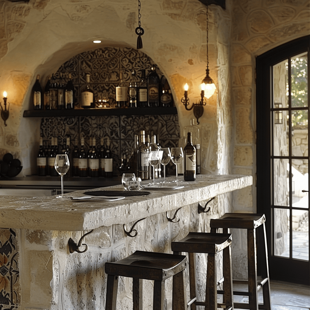 A Mediterranean dining room that includes a welcoming bar area for pre-dinner aperitifs, with a rustic, reclaimed wood bar topped with a selection of artisanal spirits