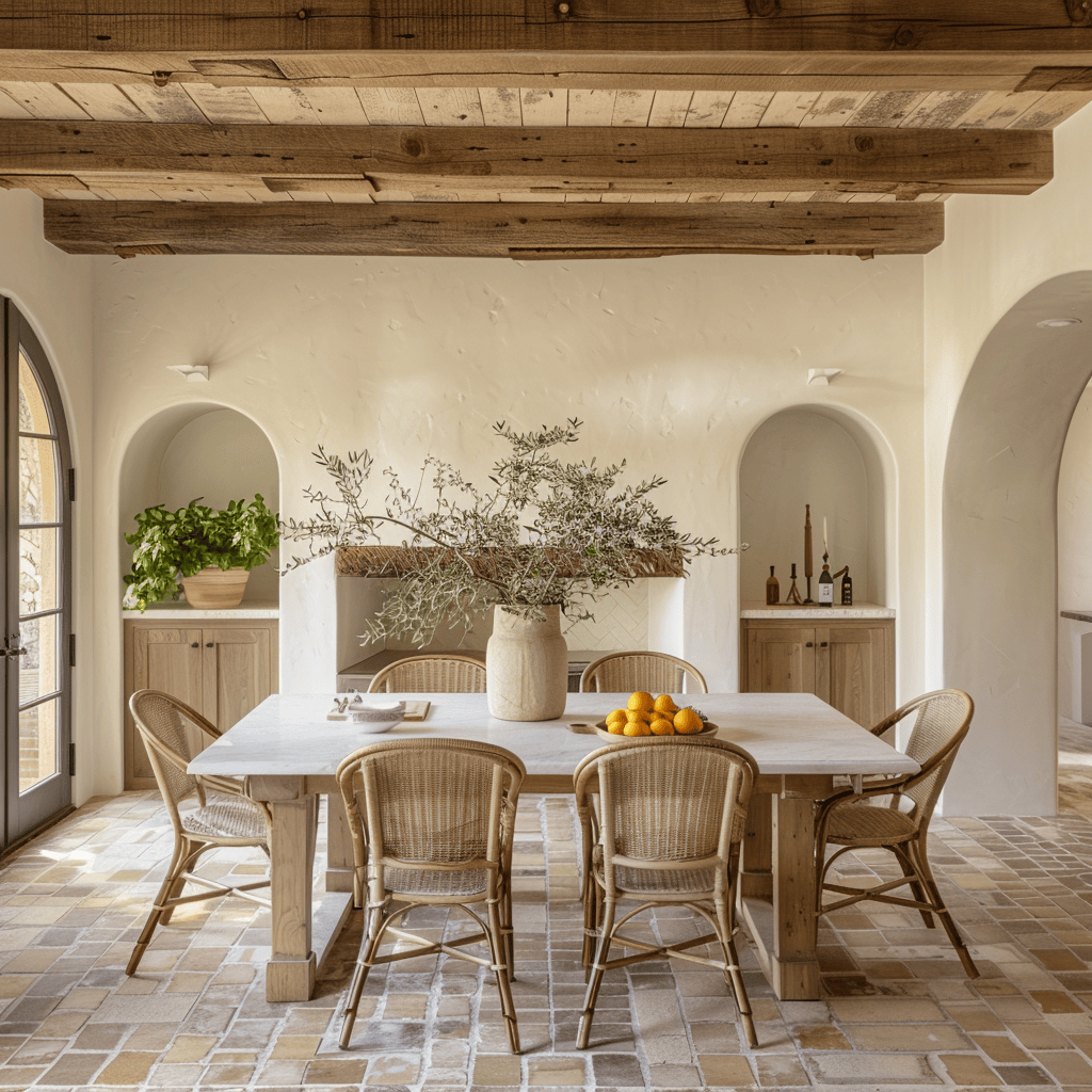 A Mediterranean dining room that incorporates organic elements, with a centerpiece of freshly cut olive branches, bowls of vibrant citrus fruits, and potted herbs on the windowsill