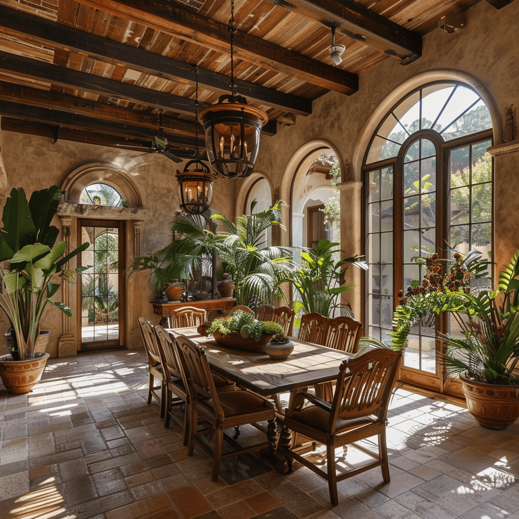 A Mediterranean dining room that integrates the lush, verdant flora of the region, with a series of potted olive trees, fragrant jasmine vines, and vibrant bougainvillea plants
