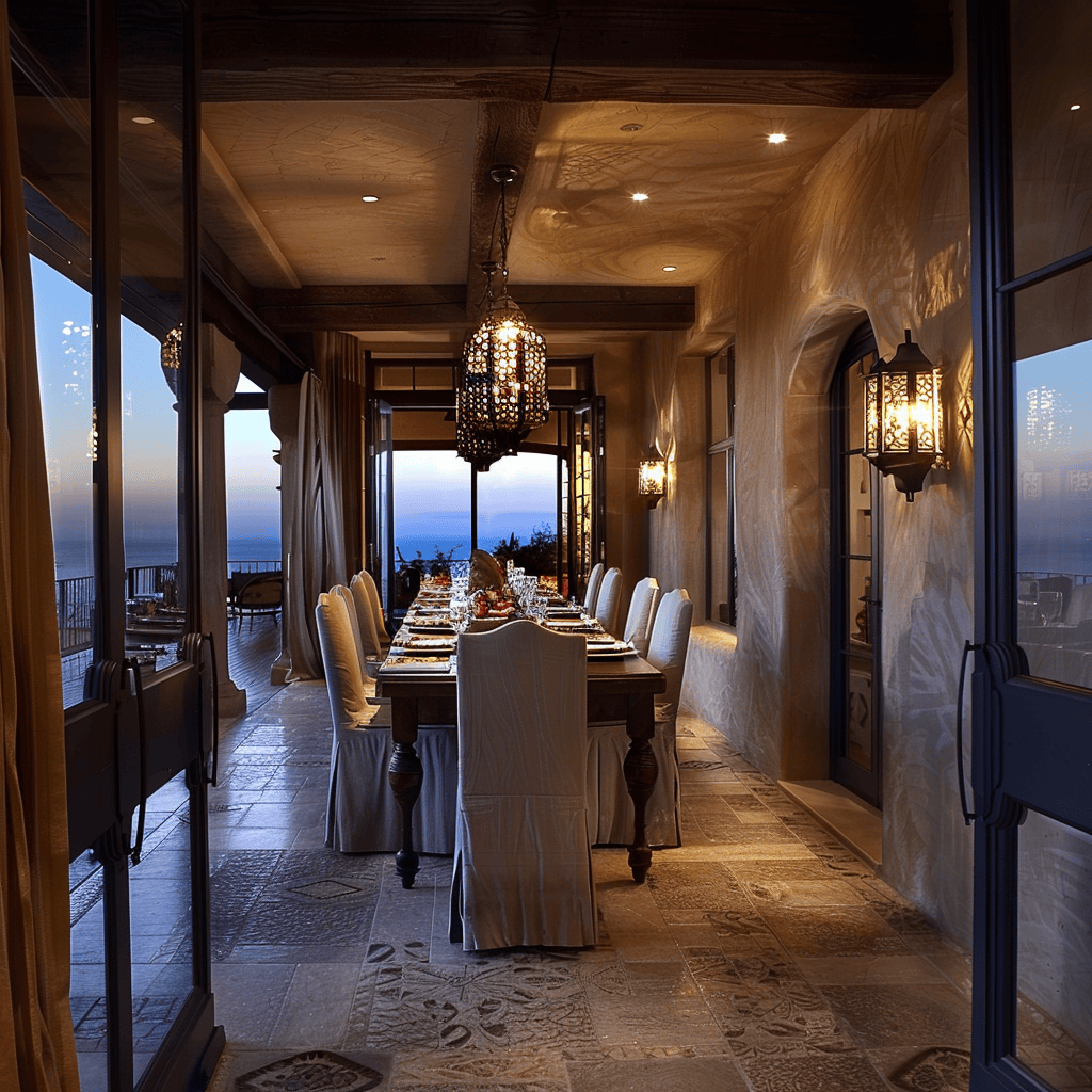 A Mediterranean dining room that is illuminated with purposeful lighting, featuring a grand wrought iron chandelier, a series of wall sconces, and carefully placed accent lighting to highlight artwork and architectural details