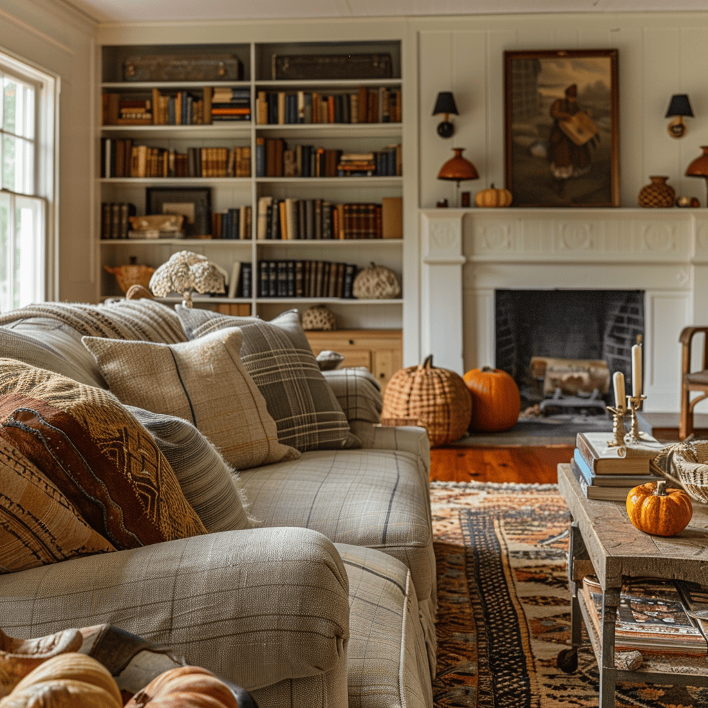 A Modern English Farmhouse living room infused with the warm, inviting colors of autumn, including rich earth tones, cozy textiles