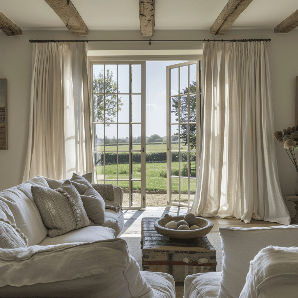 A Modern English Farmhouse living room that brings the beauty of the outdoors in through simple, flowing curtains that frame the stunning countryside views and allow natural light to pour in