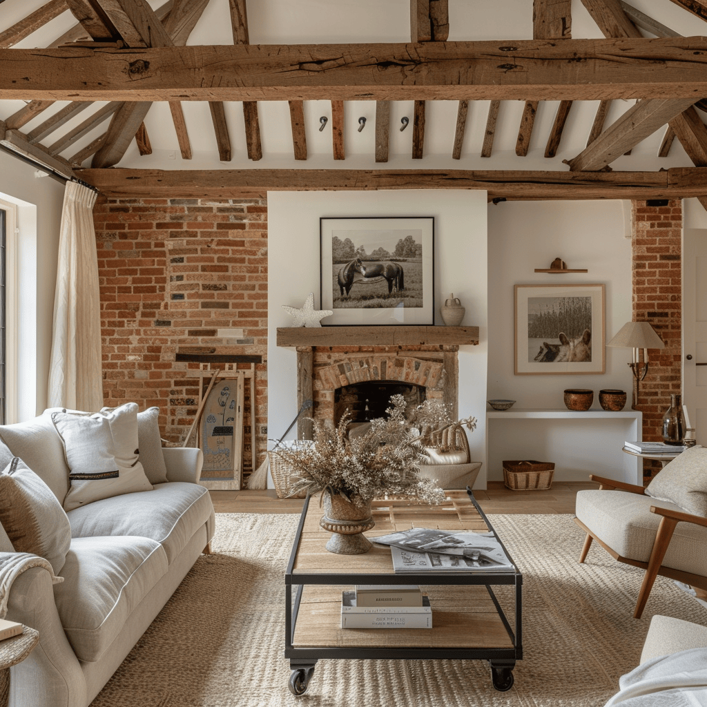 A Modern English Farmhouse living room that captures the essence of country charm through the use of exposed wooden beams, a brick fireplace, and carefully chosen rustic decorative elements