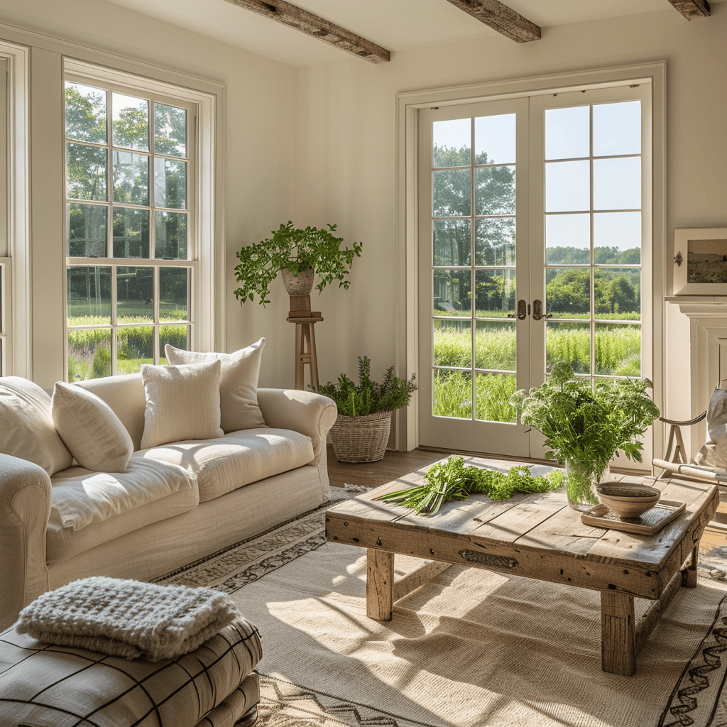 A Modern English Farmhouse living room that embraces the essence of summer with simple, natural decorative elements