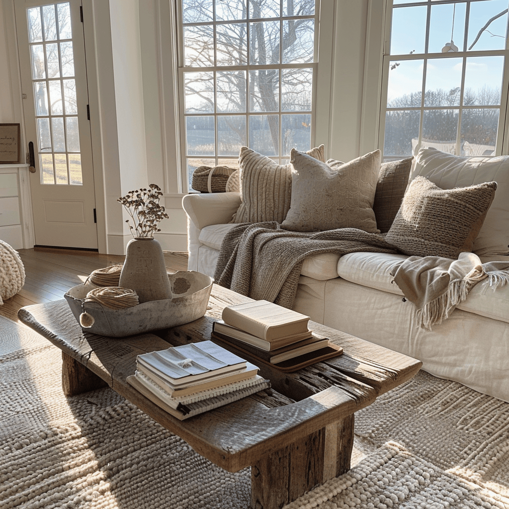 A Modern English Farmhouse living room that invites touch and exploration through its diverse range of textures, from rustic reclaimed wood to cozy woven fabrics and sleek industrial accents