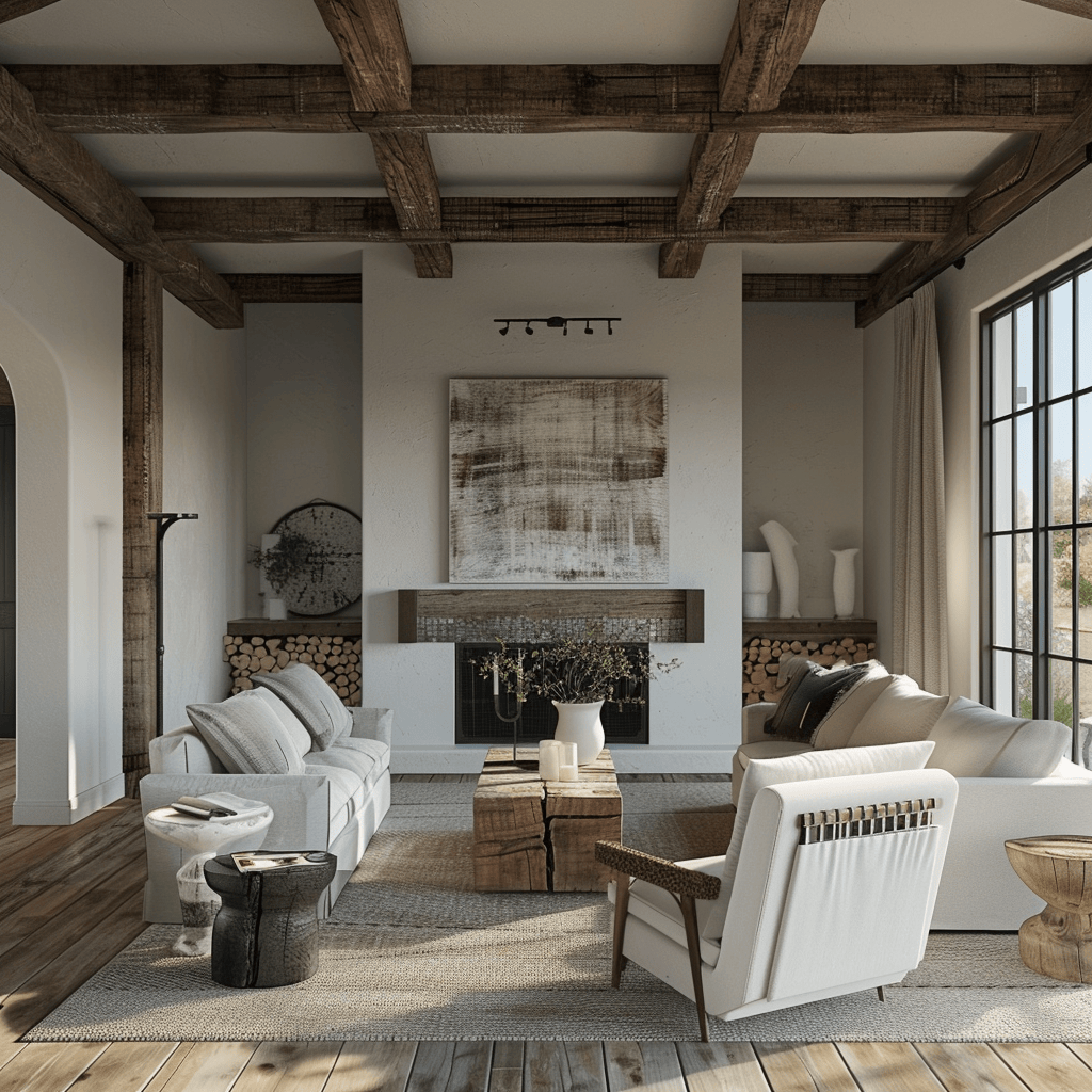 A Modern English Farmhouse living room that showcases the perfect blend of comfort and sophistication, with modern furniture pieces and rustic accents that create a warm and inviting atmosphere