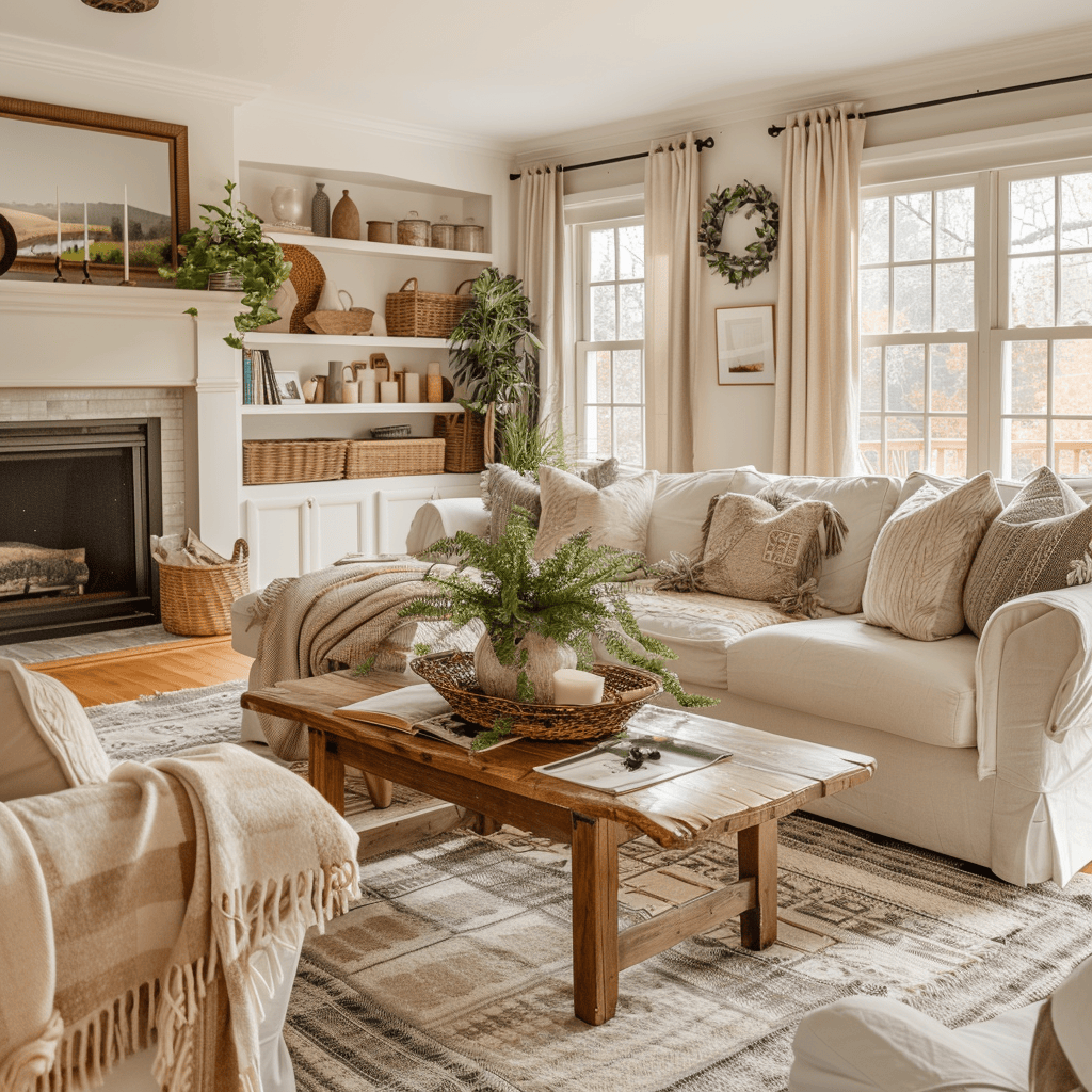 A Modern English Farmhouse living room that serves as a haven for all seasons, with its ability to transition beautifully through the use of fresh greenery, cozy textiles, and warm, inviting colors