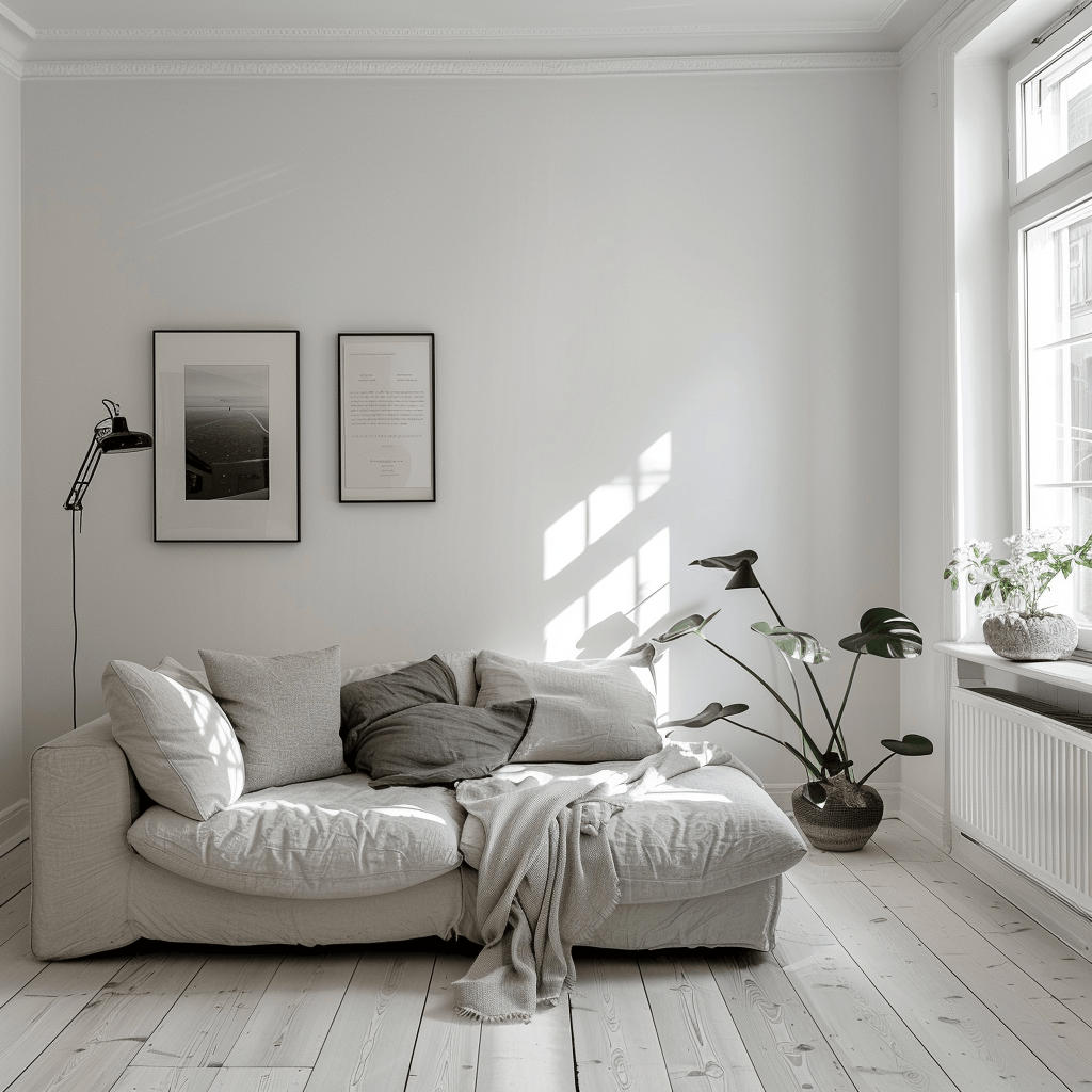 A Scandinavian minimalist living room with white walls, pale wood flooring, a simple, modern sofa in soft gray, accented with a potted plant and a minimalist floor lamp4