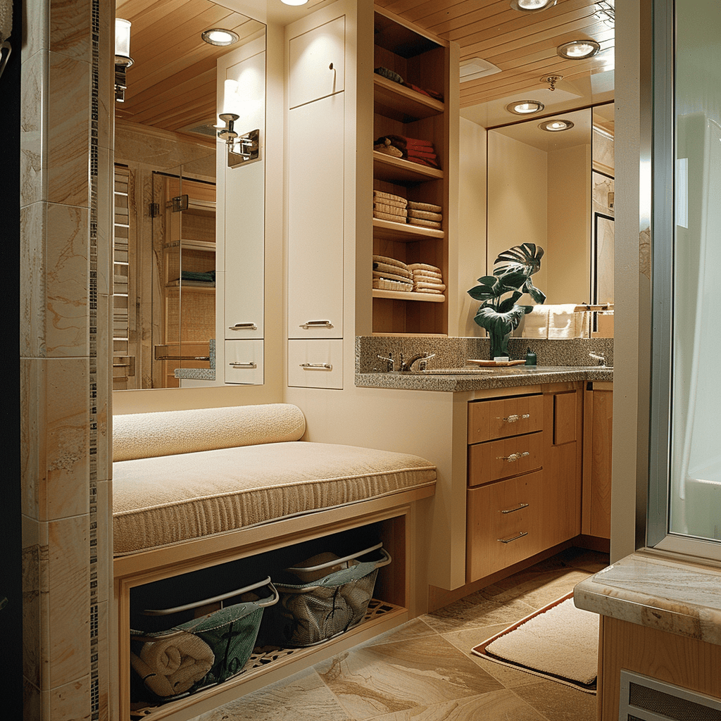 A bathroom featuring a built-in storage bench in the shower, a mirror with integrated shelving, and a vanity with hidden laundry hampers, showcasing multi-purpose design elements