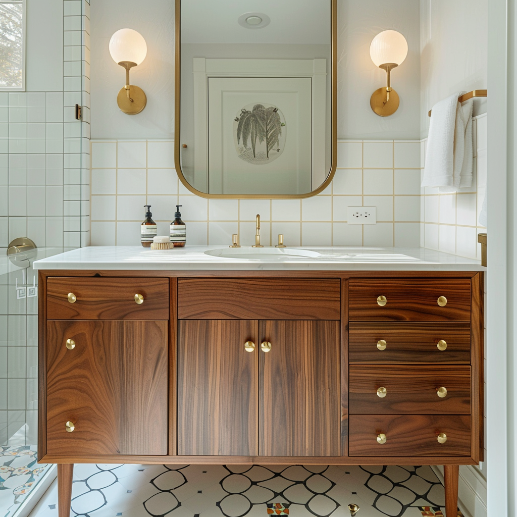 A bathroom featuring a retro-inspired vanity complemented by modern fixtures and classic tilework, showcasing a perfect balance of vintage and contemporary elements3