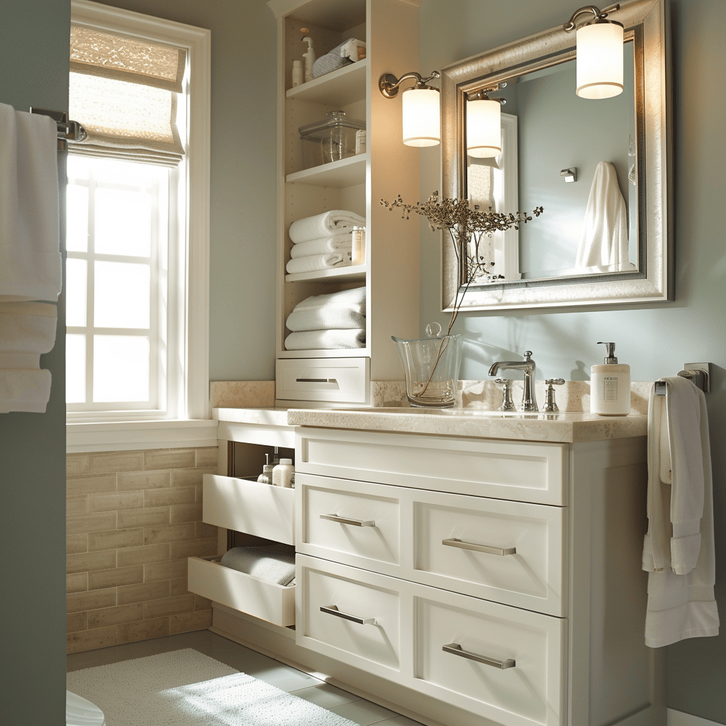 A bathroom featuring clever storage solutions, such as recessed wall niches, a medicine cabinet with electrical outlets, and a vanity with pull-out organizers